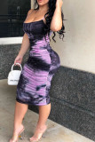 The ink purple Lightly cooked The ink purple Spaghetti Strap Sleeveless Slip pleated Mid-Calf Print Draped Tie and dye Dresses