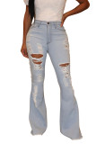 Голубые джинсовые брюки средней длины в стиле пэчворк с пуговицами Однотонная стирка Старые брюки-сапоги Брюки Низ