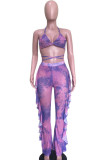 purple Patchwork Print crop top bandage backless Mesh Hooded Out Fashion Sexy adult Swimwears