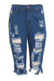 Синие джинсовые брюки с пуговицами средней длины в стиле пэчворк однотонные дырочки старые прямые капри в полоску