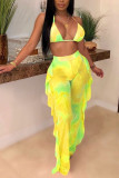 Green Patchwork Print crop top bandage backless Mesh Hooded Out Fashion Sexy adult Swimwears