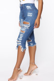 Blue Denim Button Fly Mid Patchwork Solid Hole washing Old Straight Capris Bottoms Ripped Denim Shorts