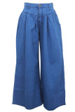 Dark Blue Denim Button Fly Sleeveless High Solid Patchwork Loose Pants Pants