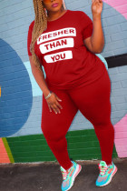 Red Active O Neck Print Plus Size