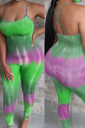 Green Fashion Sexy Tie-dyed Sleeveless Slip Cami Jumpsuits