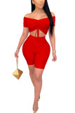 Red Fashion Sexy adult Ma'am Patchwork Print Draped Two Piece Suits Straight Short Sleeve Two Pieces
