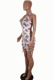 Pink Fashion Sexy Print Backless Milk. Sleeveless V Neck Rompers