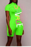 Fluorescent green Casual Print Short Sleeve Turtleneck Jumpsuits