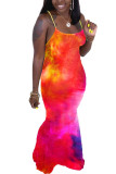 Pink Fashion Sexy adult Ma'am Pink Orange purple Off The Shoulder Sleeveless Slip Swagger Floor-Length Print Tie and dye Dresses