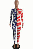 Red and blue Fashion street Print zipper Milk. Long Sleeve O Neck Jumpsuits