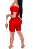 Rött mode Sexig vuxen fru lapptäcketryck draperad tvådelad kostym Rak kortärmad tvådelad