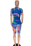Blue Fashion Sexy adult Ma'am Print Burn-out Two Piece Suits pencil Short Sleeve Two Pieces