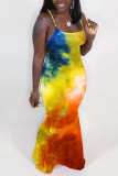 purple Fashion Sexy adult Ma'am Pink Orange purple Off The Shoulder Sleeveless Slip Swagger Floor-Length Print Tie and dye Dresses