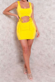Yellow Sexy Solid backless Bandage crop top Skinny Sleeveless Two Pieces