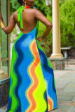Das lindgrüne Sexy Das lindgrüne, blaue und gelbe ärmellose A-Linien-Neckholder-Kleid mit bodenlangem, gestreiftem Druck und rückenfreiem Regenbogen