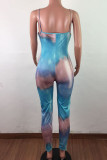 Blue Fashion Sexy Tie-dyed Sleeveless Slip Cami Jumpsuits