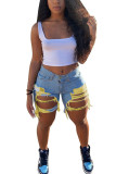 Yellow White Black Light Blue Zipper Fly Mid Solid Hole pencil Capris Bottoms Ripped Denim Shorts