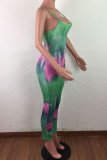 Green Fashion Sexy Tie-dyed Sleeveless Slip Cami Jumpsuits