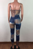 Blue Fashion Sexy Tie-dyed Sleeveless Slip Cami Jumpsuits