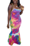 Orange Fashion Sexy adult Ma'am Pink Orange purple Off The Shoulder Sleeveless Slip Swagger Floor-Length Print Tie and dye Dresses