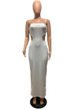 White Fashion Sexy Casual White Blue Off The Shoulder Sleeveless Wrapped chest Pencil Dress Ankle-Length Solid Dresses