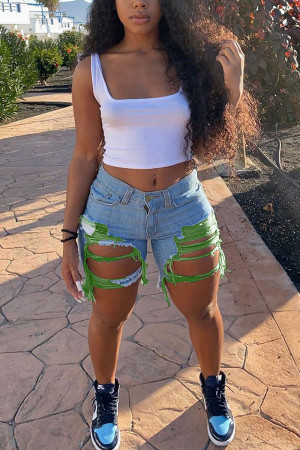 Green White Black Light Blue Zipper Fly Mid Solid Hole pencil Capris Bottoms Ripped Denim Shorts