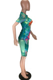 Green Fashion Sexy adult Ma'am Print Burn-out Two Piece Suits pencil Short Sleeve Two Pieces