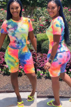 Pink Fashion Casual adult Ma'am Print Tie Dye Two Piece Suits Straight Short Sleeve Two Pieces
