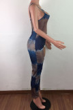 Blue Fashion Sexy Tie-dyed Sleeveless Slip Jumpsuits