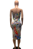 White Sexy White Sleeveless Wrapped chest Step Skirt Mid-Calf Hand-painted Print Character Dresses