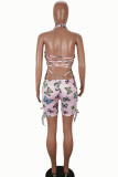 Pink Fashion Sexy Print Backless Milk. Sleeveless V Neck Rompers