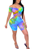 Blue Fashion Sexy adult Ma'am Patchwork Print Draped Two Piece Suits Straight Short Sleeve Two Pieces
