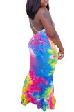 Orange Fashion Sexy adult Ma'am Pink Orange purple Off The Shoulder Sleeveless Slip Swagger Floor-Length Print Tie and dye Dresses