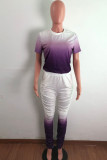 purple Fashion Casual adult Ma'am Patchwork Gradient Two Piece Suits pencil Short Sleeve Two Pieces