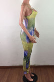 Blue Fashion Sexy Tie-dyed Sleeveless Slip Jumpsuits