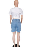 Yellow White Black Light Blue Zipper Fly Mid Solid Hole pencil Capris Bottoms Ripped Denim Shorts