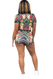 Red Sexy Fashion Patchwork Print Straight Short Sleeve Two-Piece Short Set