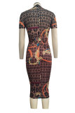 Brown Sexy Fashion Cap Sleeve Short Sleeves O neck Pencil Dress Knee-Length Print Patchwork chain Club Dr