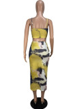 Yellow Sexy Fashion asymmetrical Print crop top Bandage Two Piece Suits Skinny Two-Piece Dress