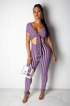 Фиолетовый сексуальный модный полосатый принт в стиле пэчворк с короткими рукавами и V-образным вырезом Комбинезоны