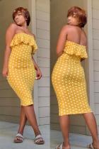 Yellow adult Sexy Fashion Off The Shoulder Sleeveless Wrapped chest Step Skirt Polka Dot stringy selvedge P