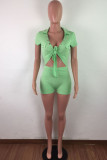 Green Fashion Casual bandage Button Solid Short Sleeve Turndown Collar Rompers
