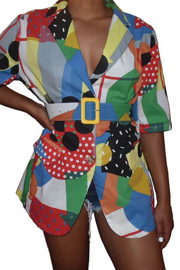 Разноцветные блузки и рубашки с отложным воротником, V-образным вырезом и короткими рукавами с принтом