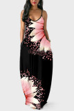 Black Casual Black Blue Pink Spaghetti Strap Sleeveless Slip A-Line Floor-Length Print Dresses