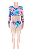 Blue Fashion Active crop top Print Two Piece Suits Slim fit Floral Skinny Long Sleeve Two-Piec