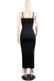 Black Sexy Sleeveless Slip Slim Dress Ankle-Length bandage asymmetrical Solid Club Dresses