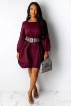 Wine Red Casual lantern sleeve Long Sleeves O neck Lantern skirt Knee-Length Solid Casual Dresses