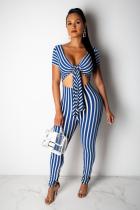 Lichtblauwe sexy mode gestreepte print patchwork jumpsuits met korte mouwen en V-hals