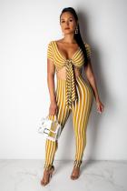 Yellow Sexy Fashion Striped Print Patchwork Short Sleeve V Neck Jumpsuits
