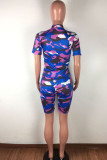 Blue Casual Print Zippered Patchwork Short Sleeve Two Pieces